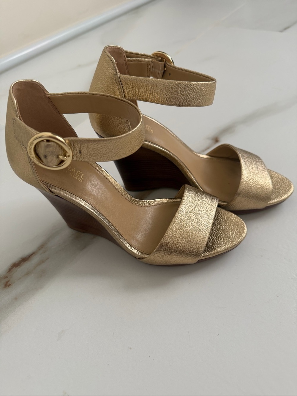 Michael Kors Gold Leather Wedge Sandals with Ankle Strap